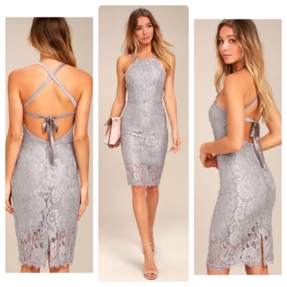 Lulu's Wishful Wanderings Grey Lace Midi Bodycon Dress